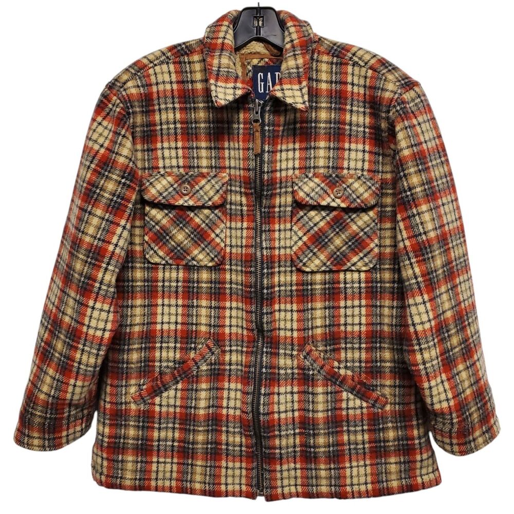 Vintage GAP Jacket Adult 2XL Beige Wool Plaid Flannel Sherpa Lined Bomber Y2K